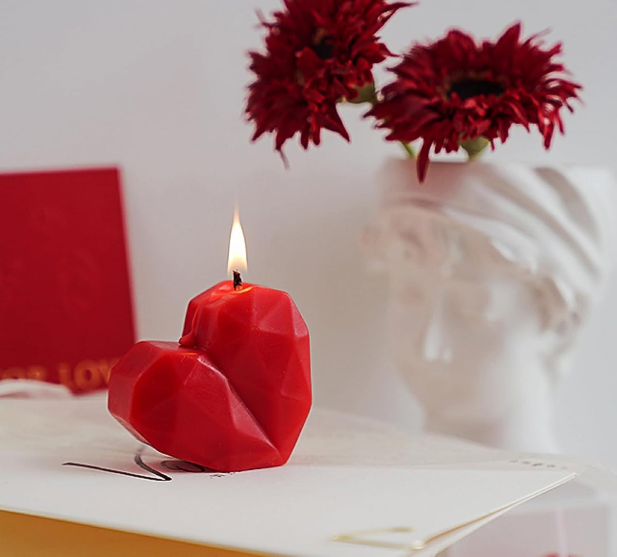 Love heart scented candle, handmade aesthetic carved soy wax aroma decorative art candle for table photo prop.