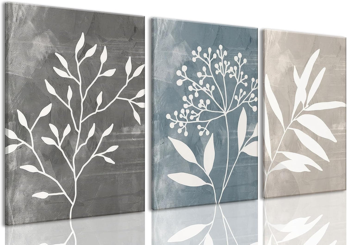 Blue Grey Beige Botanical Floral Decorative Framed Canvas Art Set