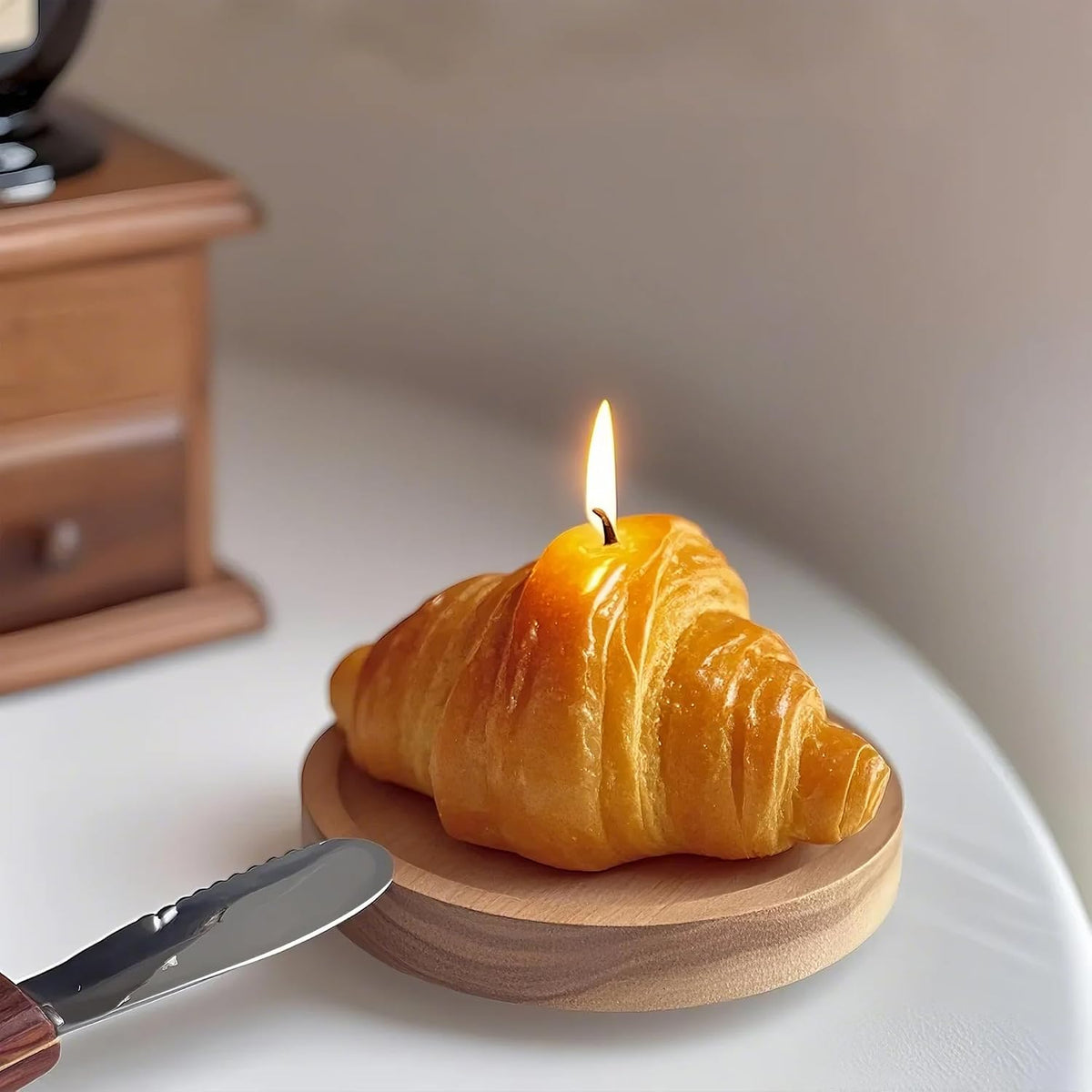Croissant-shaped scented candle, milk vanilla bakery candle for home decor, wedding props and photo styling, handmade soy wax gift.