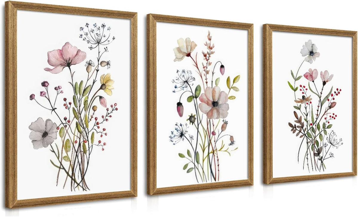 Watercolor Botanical Floral Decorative Framed Wall Art Set