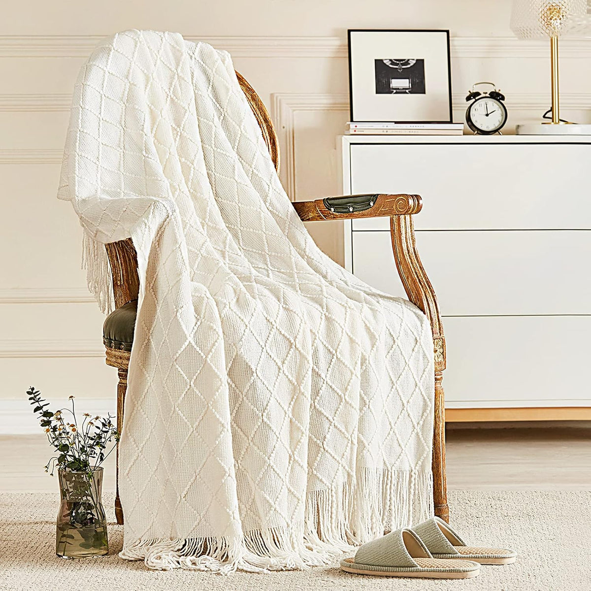 Acrylic Knitted Throw Blanket with Diamond Pattern