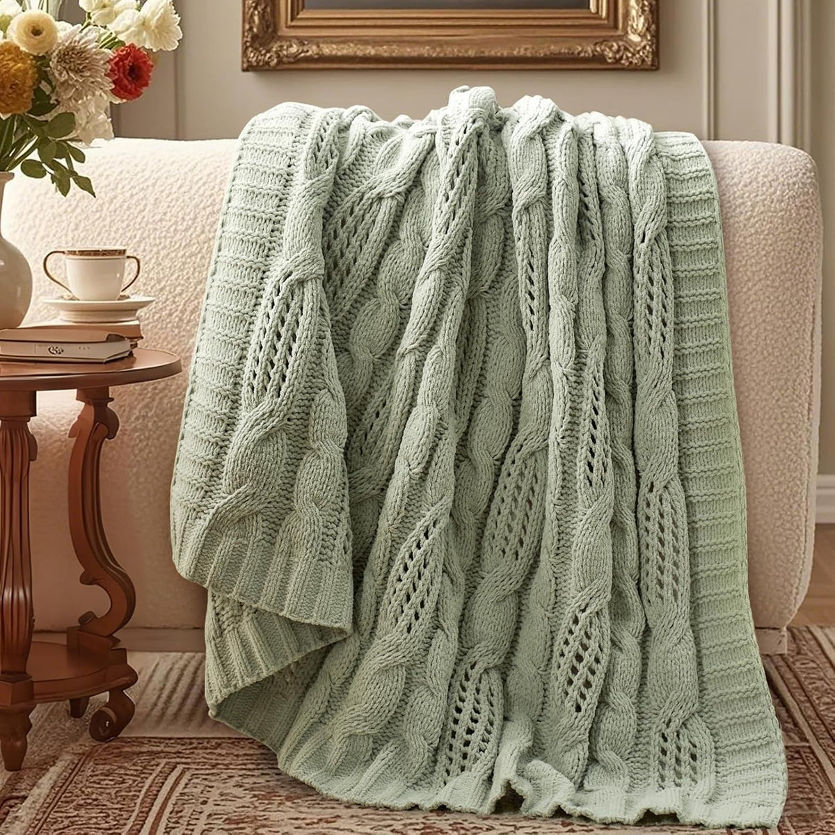 Hollow Cable Knit Chenille Throw Blanket