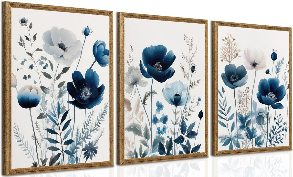Blue Floral Watercolor Decorative Framed Art Set