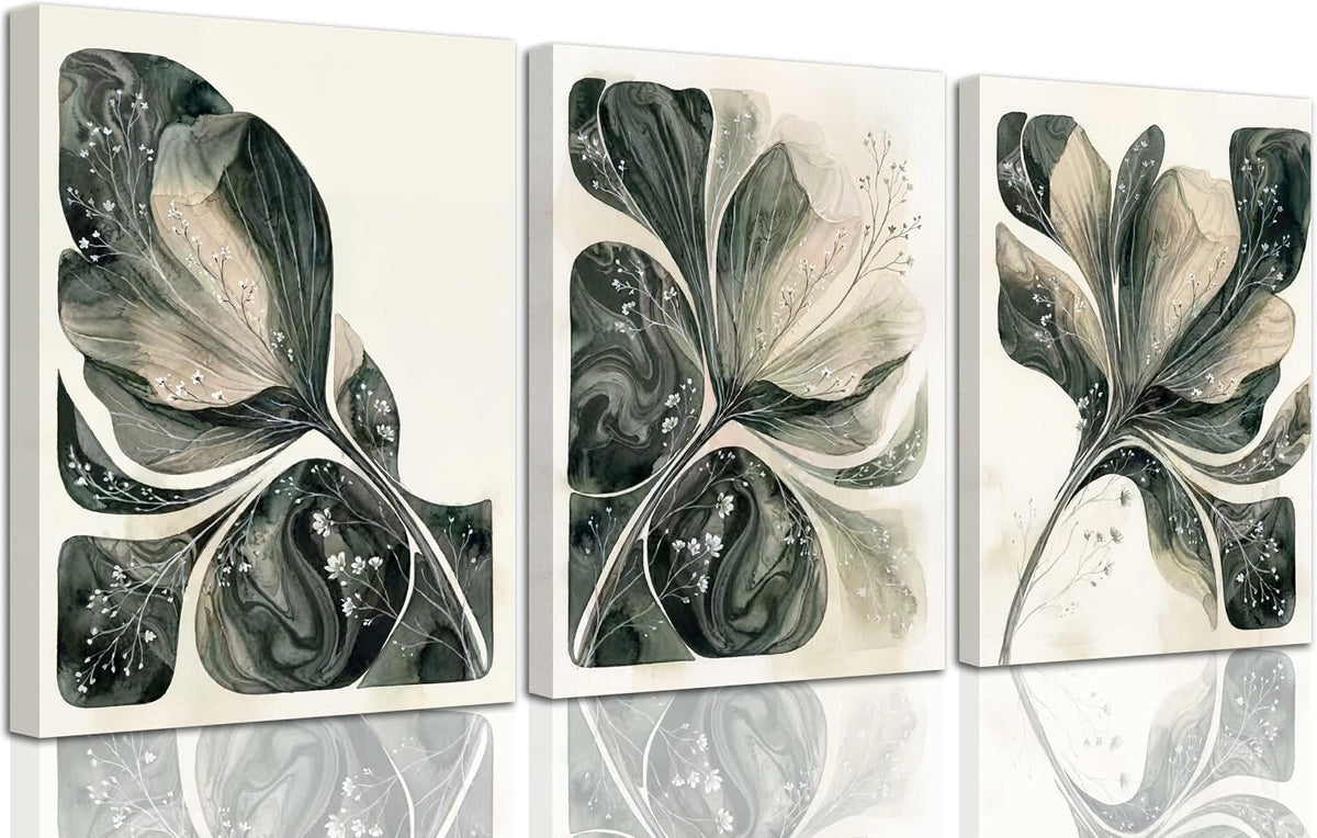 Green Leaf Watercolor Floral Decorative Framed Canvas Art Set