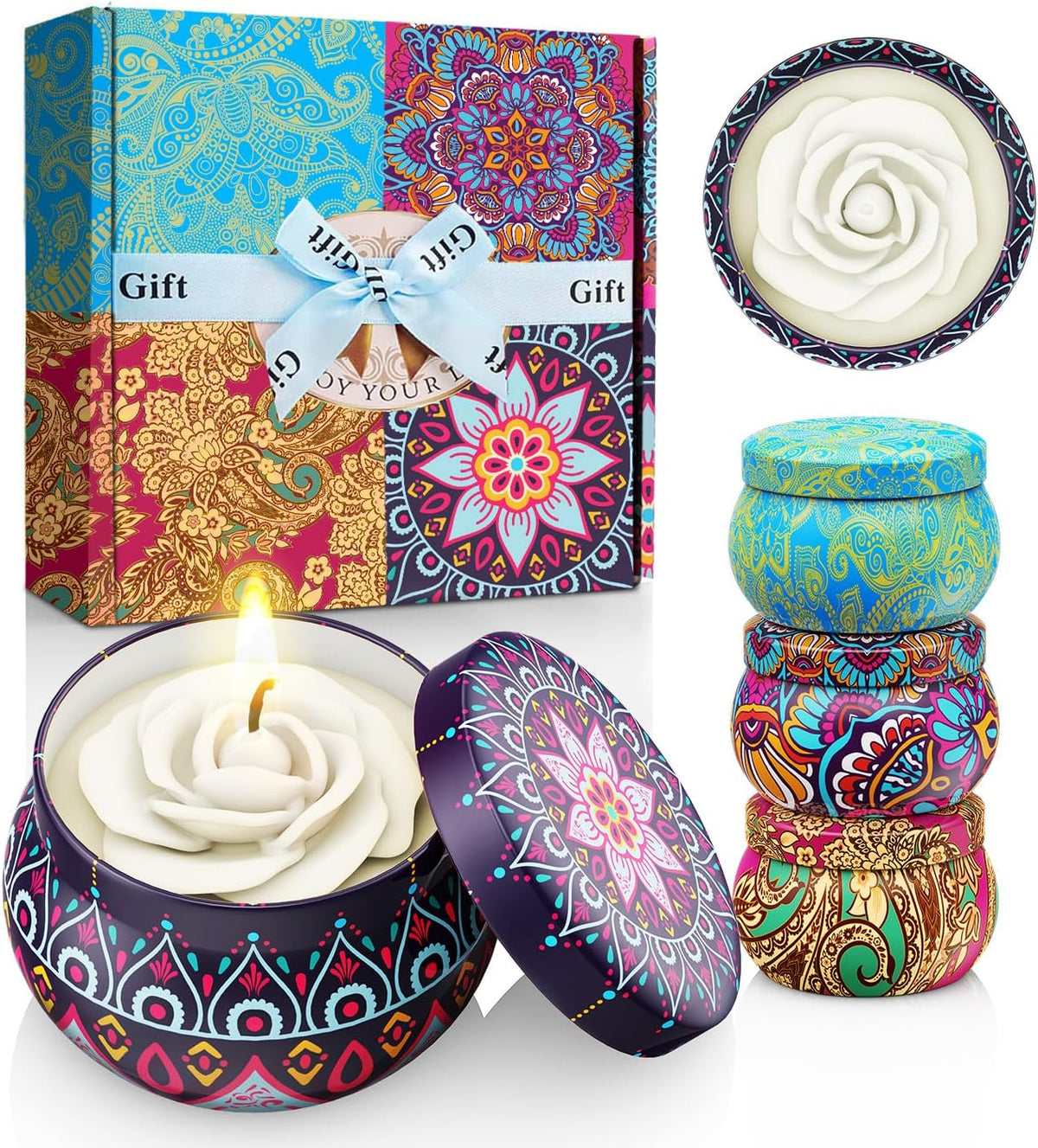 Scented candles gift set, flower shaped Christmas candles for home scented, stress relief gifts for women.