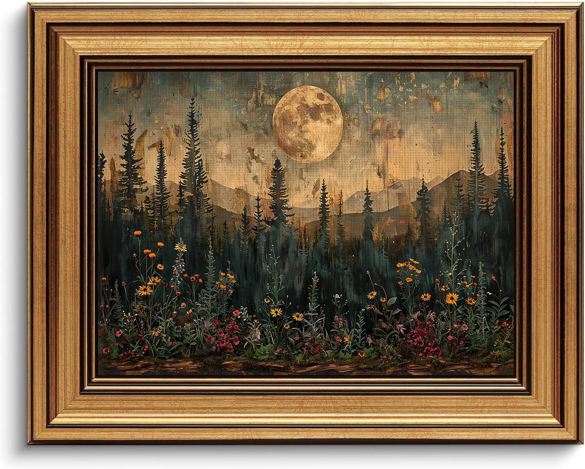 Moonlit Forest Landscape Gold Framed Art