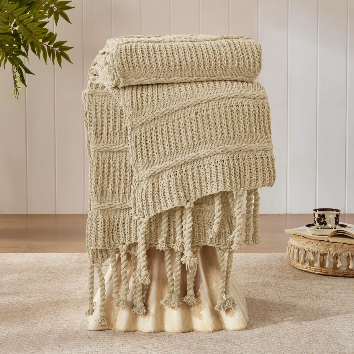 Boho Knitted Throw Blanket with Tassels
