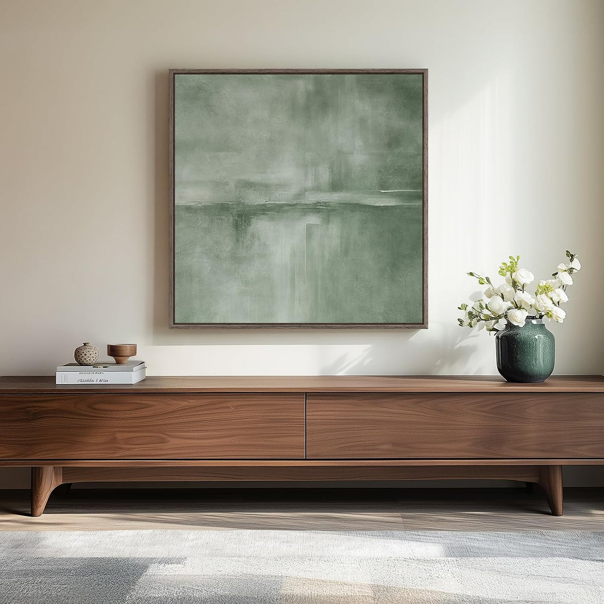 Sage Green Abstract Framed Canvas Wall Art