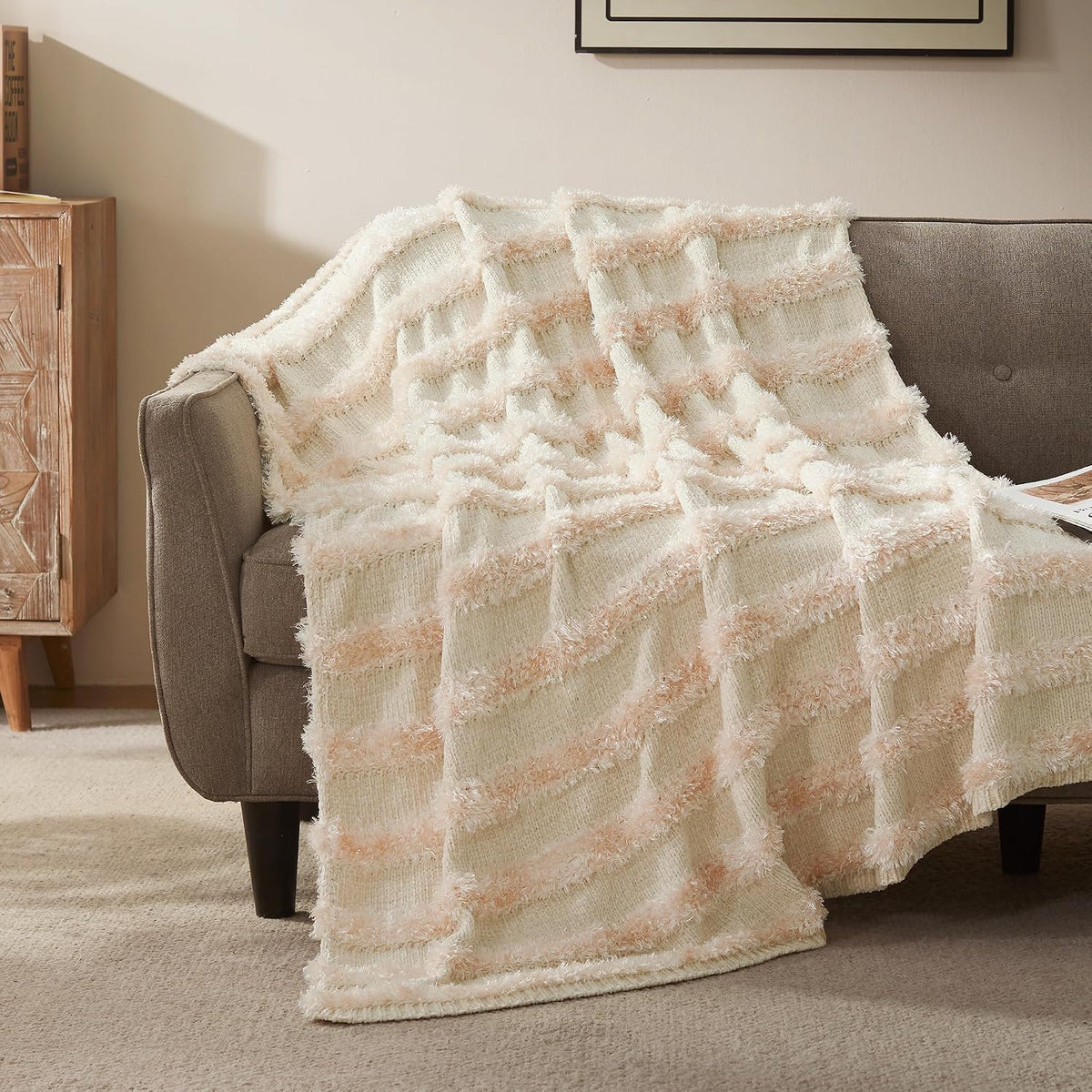 Chenille Throw Blanket with Feather Yarn Stripes