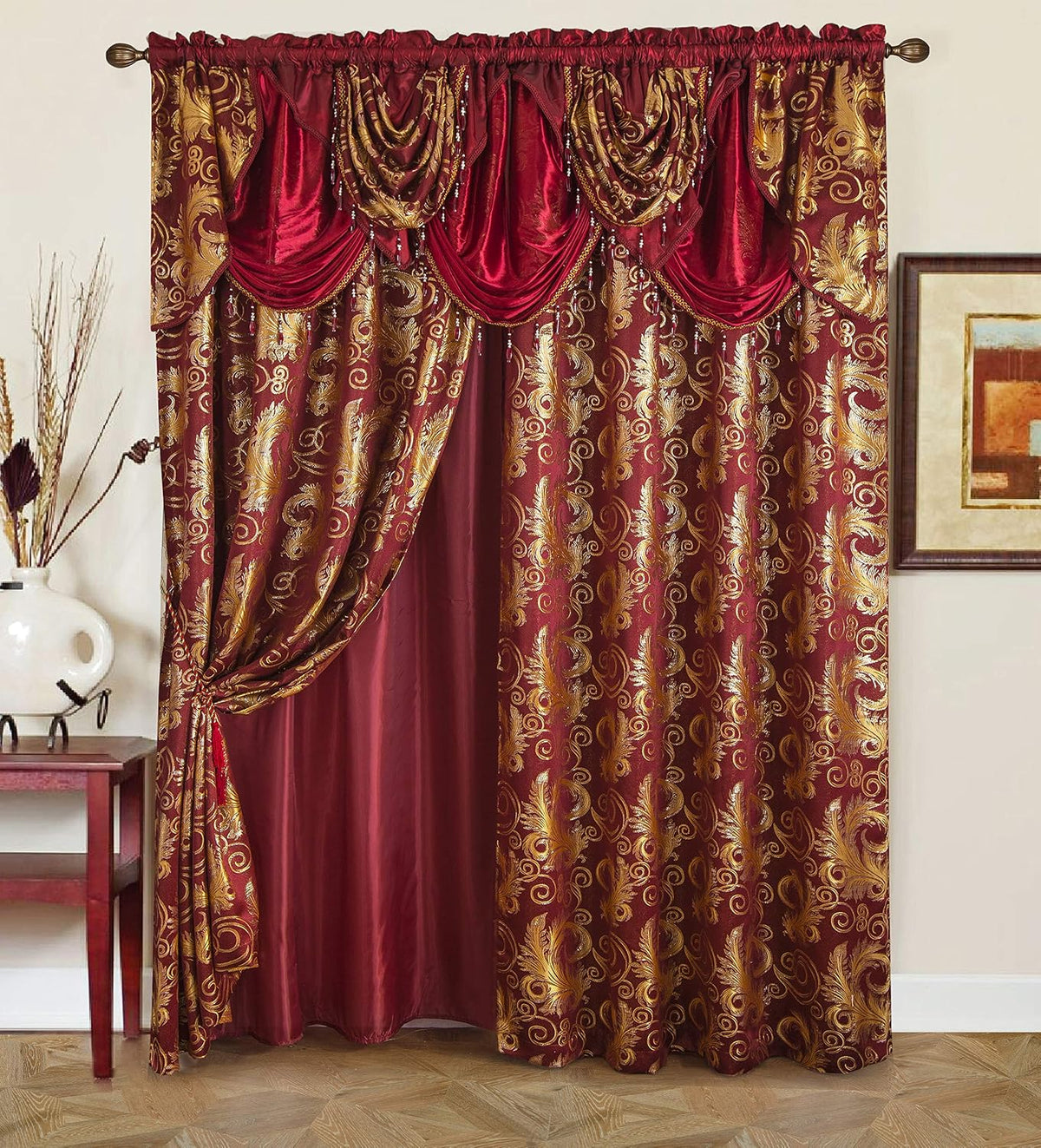 Jacquard Curtain Set with Valance and Tassels